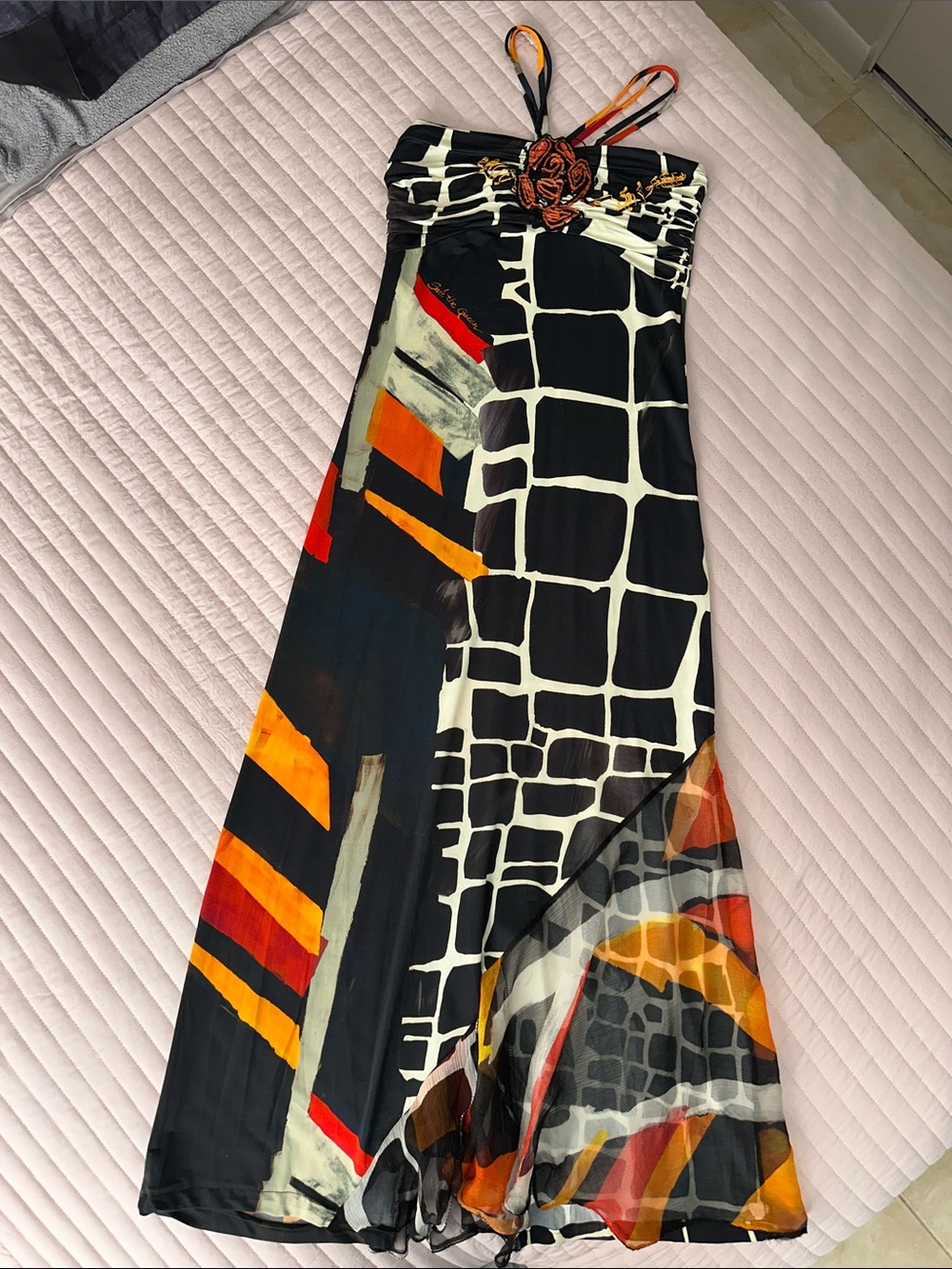 Save The Queen Black Maxi Skirt with Orange, Red and Cream Abstract Print